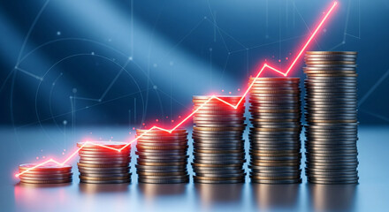 Dynamic financial growth explodes upwards with rising coin stacks and vibrant upward trending charts