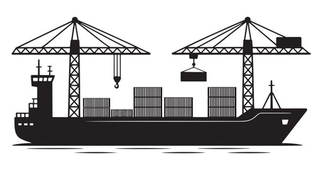 Obraz premium Silhouette of a cargo ship being loaded with containers by cranes.