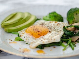 Healthy High-Protein Breakfast Plate with Sunny Side Up Egg, Sliced Avocado, and Sautéed Vegetables