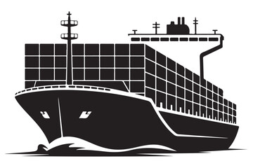 A black and white illustration of a large container ship sailing through the water.