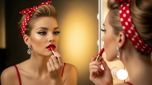 A woman applies red lipstick in front of a mirror