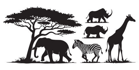 Naklejka premium Detailed silhouettes of African safari animals including elephant, zebra, giraffe, and rhinoceros with a savanna tree.