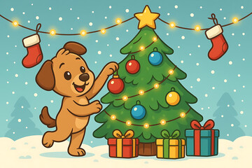 Fototapeta premium Cute Dog Decorating Christmas Tree with Star and Baubles – Winter Holiday Illustration