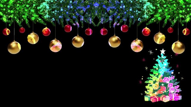 An animation of colorful Christmas ornaments and festive lights falling and bouncing on a black background.