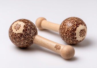 Two wooden percussion instruments with detailed geometric patterns and smooth handles, white background