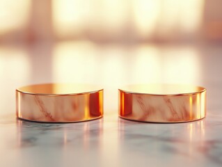 Two elegant gold rings resting on a smooth surface, reflecting warm light, symbolizing love and commitment.