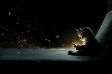 Feline fun: kitten's smartphone discovery. Seamless data links. Data communication evolves to match the pace of modern life. Adorable kitten. Broad tech access.