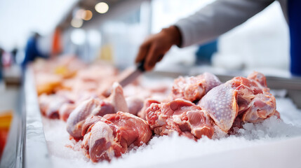 Partial view of butcher's arms in white sleeves reaching for sharp detailed poultry cuts on frozen surface, with copy space