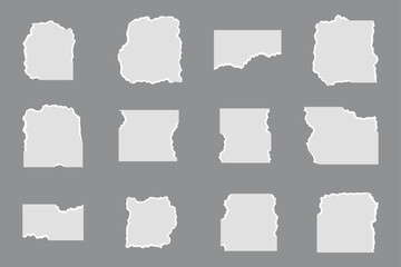 Collection of Twelve Torn Paper Pieces on Gray Background