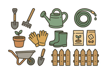 Gardening tools and equipment icons for outdoor activities