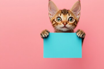 Pet mockup with message. Ð¡ute cat oriental shorthair hold in front paws a layout - large blue drive sign. Isolated young cat on a solid clothing pink background. Animal at center frame.
