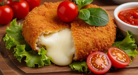 Delicious Fried Camembert Cheese with Tomato and Basil Garnish.