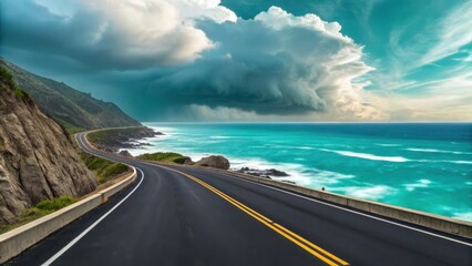 Scenic coastal highway journey dramatic sky ocean waves asphalt road