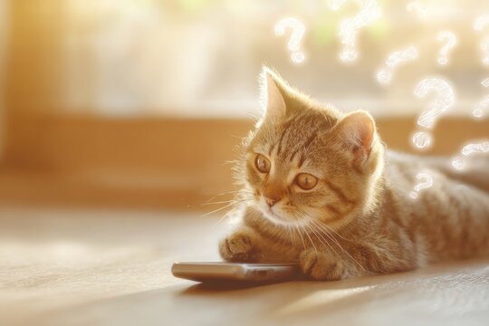 Adorable feline grips smartphone in a morning room. Anthropomorphic cat. Navigating the fog of modern life filled with unclear thoughts and hesitations. Indecisive behavior signs.