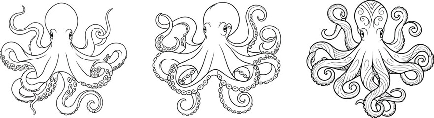 Octopus vector illustration set with detailed tentacles, marine sea animal design for underwater wildlife, tattoo art, and ocean-themed decoration