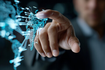 Digital mind map interface glowing on transparent screen, businessman's hand interacting, dark background, futuristic concept,