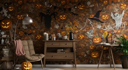 Spooky Halloween Living Room Decor with Jack-o-Lanterns and Cobwebs.