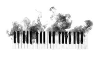 Fototapeta premium Black and white piano keys with billowing smoke rising from them, isolated on white