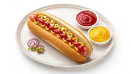 Delicious hot dog with toppings ketchup and mustard on a plate