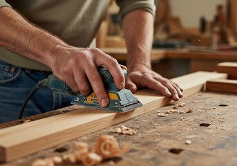 Man sanding wood plank with electric sander in workshop.