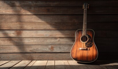 Naklejka premium A vintage acoustic guitar leaning against a rustic, wooden wall, with sunlight creating shadows