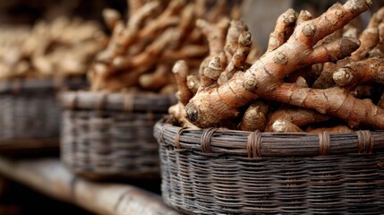 Obraz premium Dried roots in woven baskets