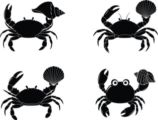 Creative silhouette crab collection with seashells and conch shells isolated on white background, marine life vector design for ocean illustration
