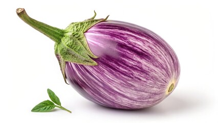 Striped eggplant with leafy stem on white surface