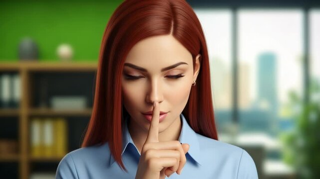 Woman with red hair holding finger to lips, office background