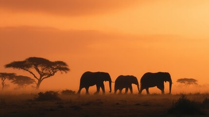 Obraz premium Elephants silhouetted against a fiery orange sunset, African savanna, hazy horizon