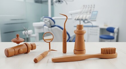 Wooden dental tools on a white table in a dentists office.