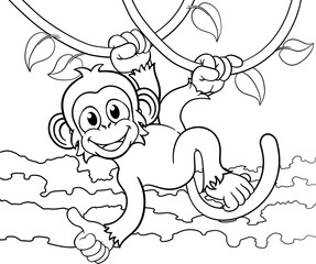 A monkey cartoon character singing on jungle vines and giving a thumbs up