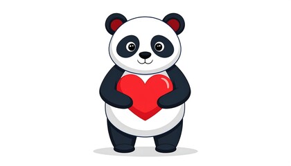 Naklejka premium An adorable, cartoon-style panda, sporting black and white fur with a red heart, spreads love. The panda is smiling, holding the heart close