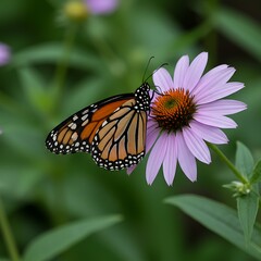 Naklejka premium Monarch Butterfly Perched on a Vibrant Purple Coneflower in a Lush Garden.