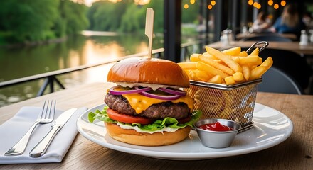 Delicious Burger and Fries Meal by the Lake.