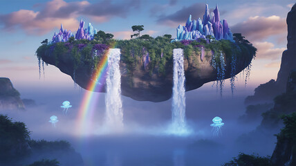 Magical floating island with waterfalls and crystal castle in the sky