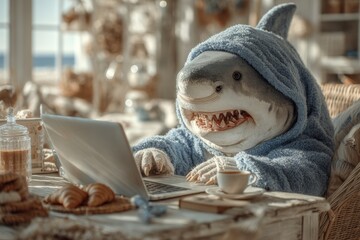 Shark with human traits uses laptop with fear. Funny shark laptop. From wallets to wreckage: how crypto traps the unprepared. Future of crypto. Trading crypto guide.