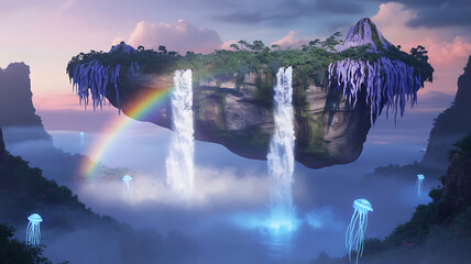 Enchanting floating island with waterfalls and rainbow in a fantasy landscape