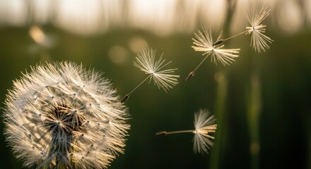 Fototapeta premium Delicate Dandelion Seeds Floating in Golden Light