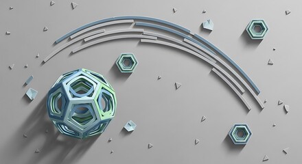 Abstract Geometric Sphere and Hexagons on Grey Background.