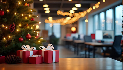 Red christmas gifts and decorated tree on wooden desk, copy space, empty modern office background - Christmas celebration, corporate event, holiday party and festive workplace
