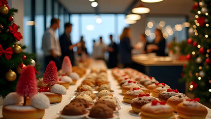 Christmas buffet table, food, glowing decorated trees, office holiday party, people, festive lights - business, meeting, seminar, conference, gathering, catering, corporate social event, networking