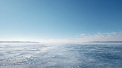 Frozen lake under a clear blue sky with distant trees and slight haze on the horizon