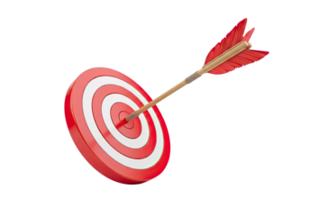 A perfectly aimed arrow striking the precise center of a vibrant red target, symbolizing ultimate success, focused achievement, and strategic goal accomplishment