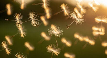 Obraz premium Golden Dandelion Seeds Floating in Sunlight isolated on White Background
