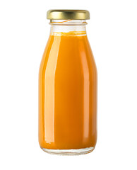 Orange juice refreshing beverage in clear glass bottle