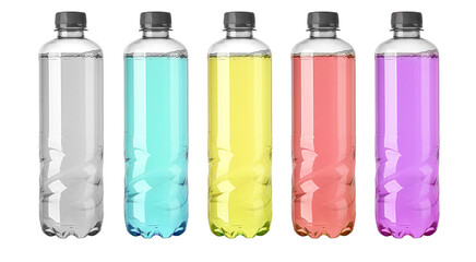 Refreshing colorful plastic soda drink bottles with transparent background