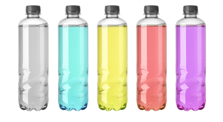 Refreshing colorful plastic soda drink bottles with transparent background