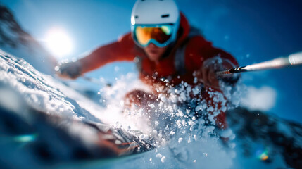Dynamic skier carving through fresh snow on a sunny mountain slope