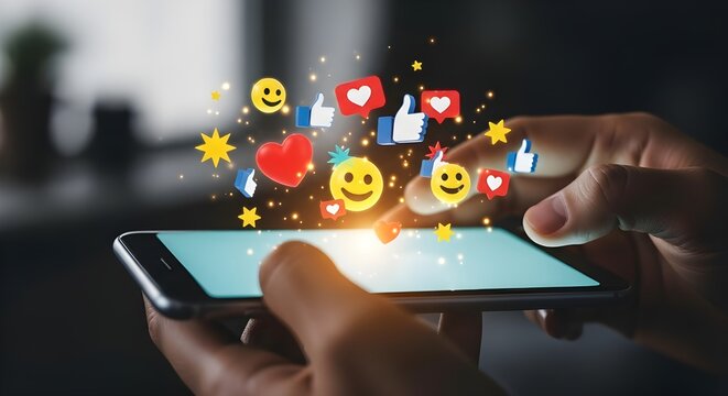 A person uses a smartphone with floating social media emojis, symbolizing online interaction, engagement, and digital communication in modern life.